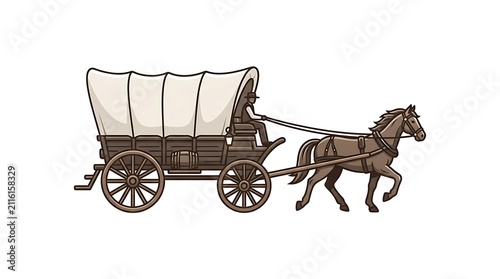 Covered wagon pulled by a horse. Vintage pioneer carriage for western travel illustration.
