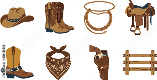 Western Cowboy Icon Set with Hat Boots Lasso Saddle and Ranch Elements