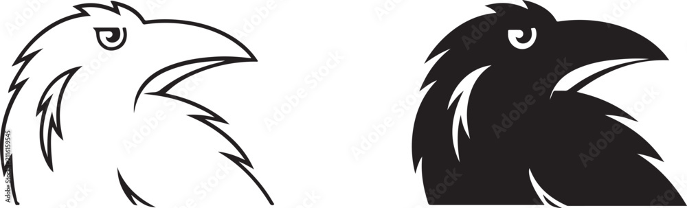 Obraz premium Crow and raven bird vector icon silhouette outline.