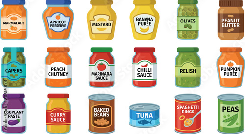 Pantry food jars and cans vector element set featuring marmalade peanut butter sauce pickles baked beans and canned tuna