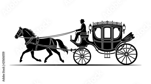 Horse drawn carriage silhouette. Vintage royal coach icon with driver on white background.