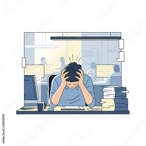 Harried Office Worker Overwhelmed By Workload In Modern Workplace