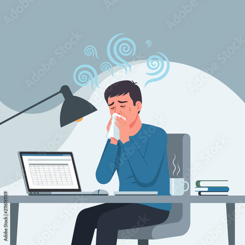 Ill Employee Feeling Unwell While Working From Home With Laptop And Tissues
