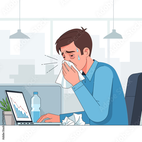 Illustrating Sick Office Worker Sneezing And Feeling Ill While Working