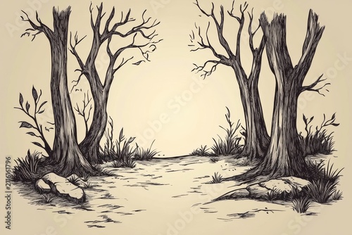 Hand Drawn Sketch of a Barren Forest Path with Dead Trees