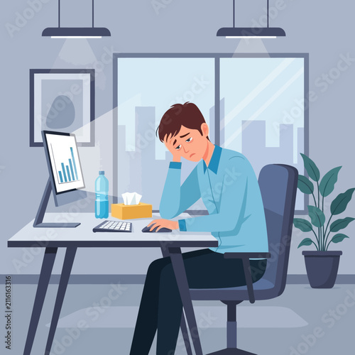 Frustrated Businessman Feeling Overwhelmed Working Long Hours In Modern Office