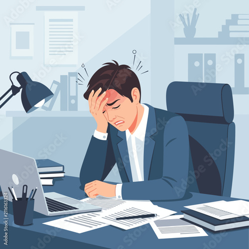 Frustrated Businessman Overwhelmed By Workload And Stress At His Office Desk