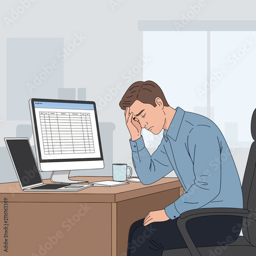Frustrated Businessman Overwhelmed By Workload At Office Desk