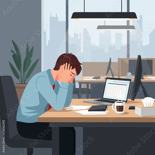Frustrated Businessman Overwhelmed By Workload In Office Environment