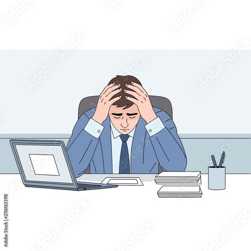Frustrated Businessman Overwhelmed By Workload Sitting At His Desk