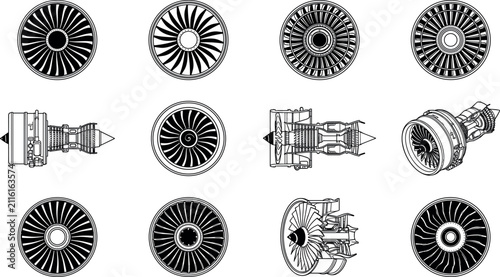 Fotografie Jet engine and aircraft turbine vector icon set featuring detailed line art mech