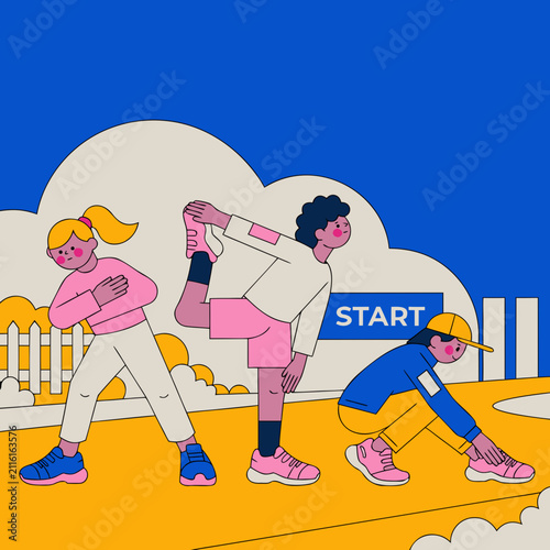 Three children preparing for a race at starting line outdoors  