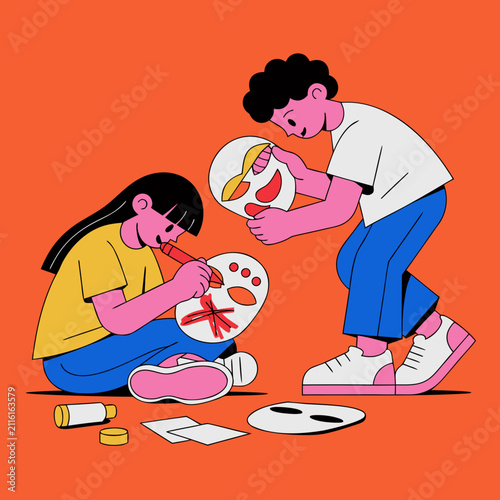 Two children painting and crafting masks on orange background  