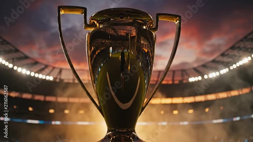 Golden championship trophy in empty stadium at sunset, cinematic sports victory celebration background, soccer ceremony atmosphere