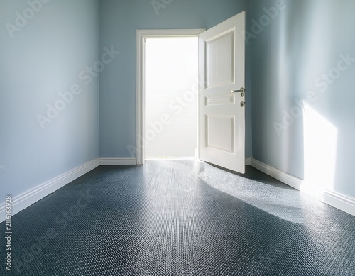 an open white door in a minimalist room with light shining through on a shiny floor