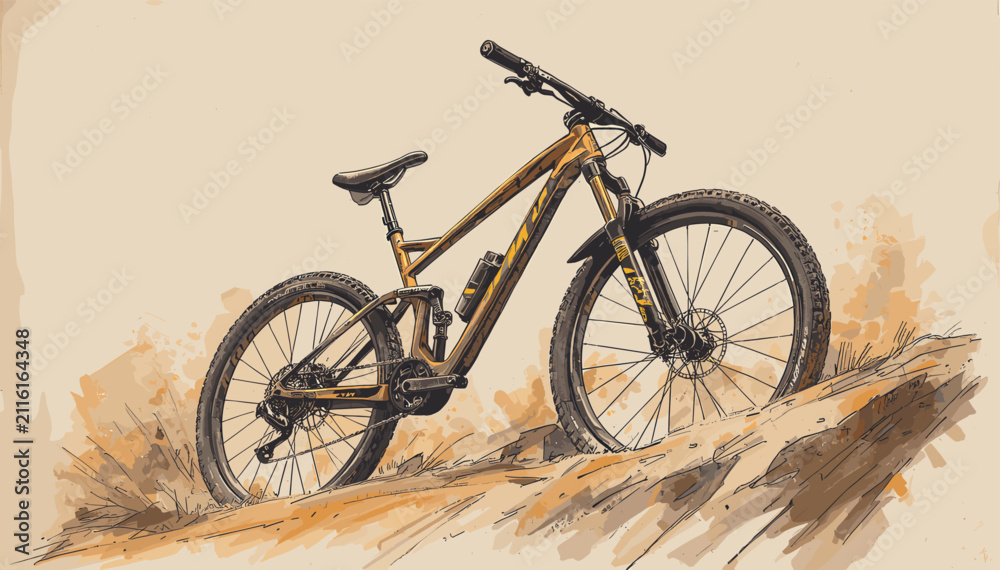 Fototapeta premium A rugged, full-suspension mountain bike with a golden-brown frame is depicted on a sandy, uphill trail, showcasing its off-road capabilities.