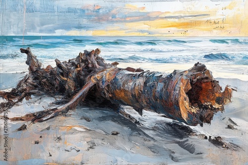 Detailed Hand-Drawn Sketch of Driftwood on a Beach at Sunrise
