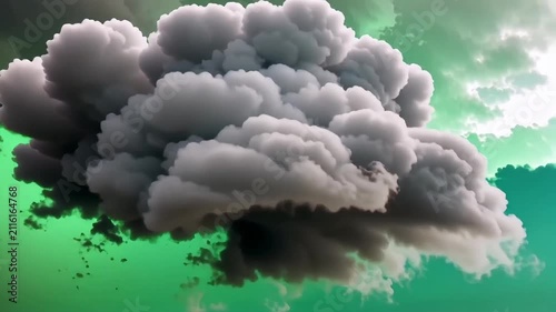 Volumetric dark smoke cloud animation on green screen. Dynamic explosion video. CGI plume effect. Atmospheric gray dust storm. VFX composition for visual effects design.