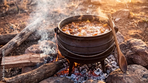 Traditional South African Potjiekos stew simmering slowly over an open campfire in a rustic outdoor setting.
