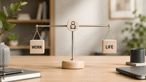 Work life balance concept with wooden scale balancing work and life blocks representing employee wellbeing and mental health