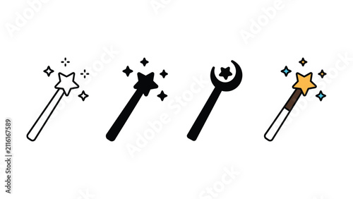 Set of four magic wands with star and moon designs