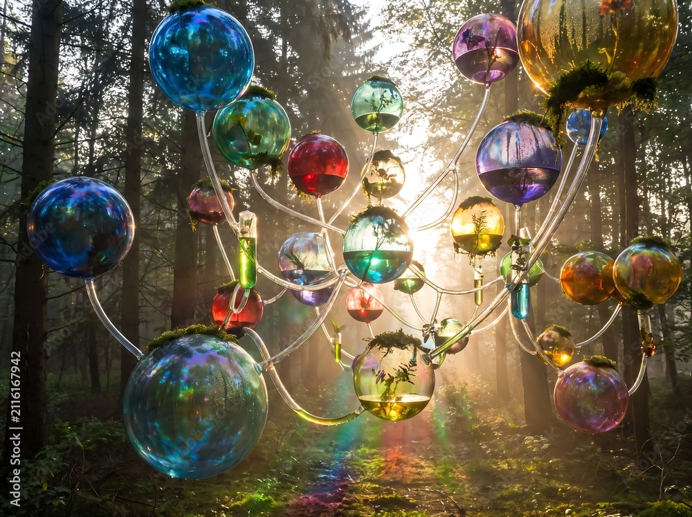 Obraz premium Mystical forest scene with an intricate network of glowing, colorful orbs connected by transparent tubes, bathed in dappled sunlight.