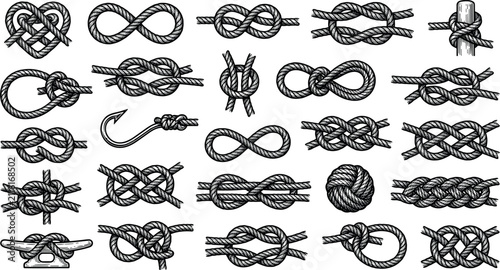 Nautical rope knots vector element set featuring detailed textured line art marine hitch loop infinity and sailing ties