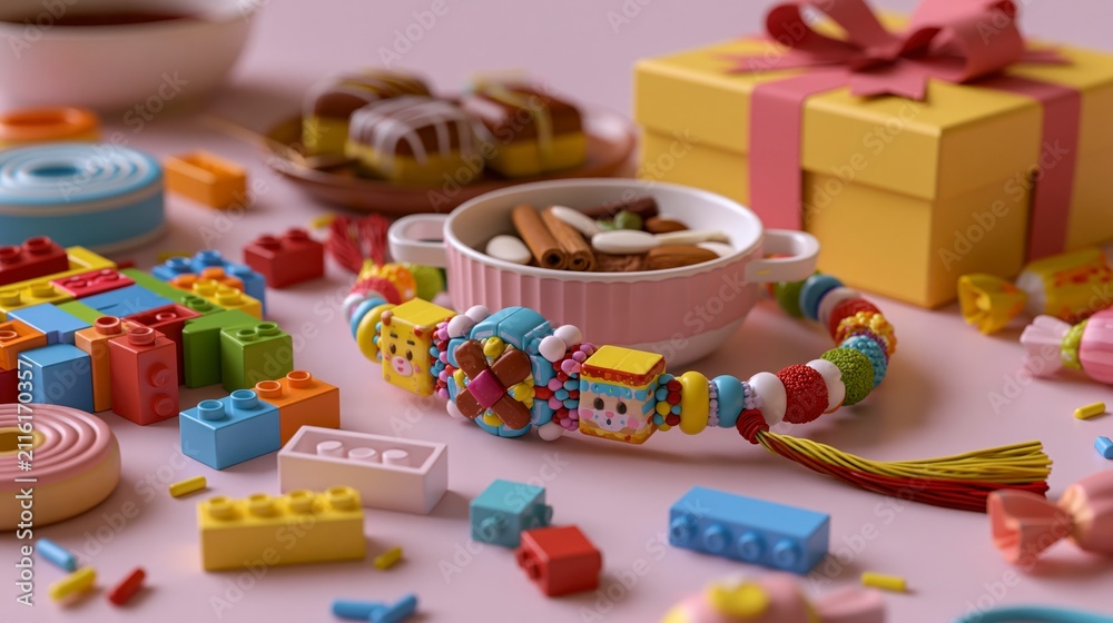 Fototapeta premium Raksha bandhan themed festive rakhi bracelet made of colorful building blocks and beads raksha bandhan, raksha bandhan image