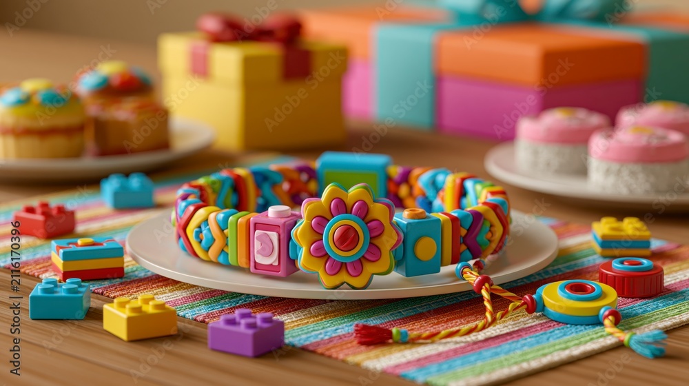 Fototapeta premium Raksha bandhan themed festive rakhi bracelet made of colorful building blocks and beads raksha bandhan, raksha bandhan image