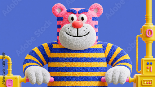 Inflatable tiger mascot stands cheerfully in a neon toy factory built for brand loyalty