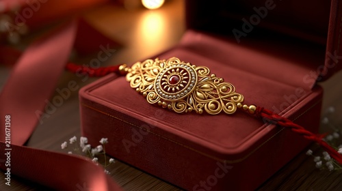 Raksha bandhan themed golden rakhi in a gift box with red ribbon raksha bandhan, raksha bandhan image