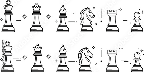 Minimalist chess pieces vector icon set featuring rows of king queen bishop knight rook and pawn linear strategy icons