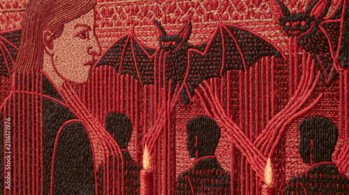 Gothic tapestry with bat motifs and shadowed silhouettes in deep crimson textile art