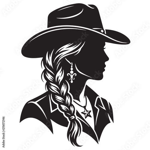 Black and White Cowgirl Hat Silhouette Graphic Design Element EPS