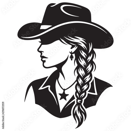 Vintage Western Woman Portrait Silhouette Vector Illustration for Prints