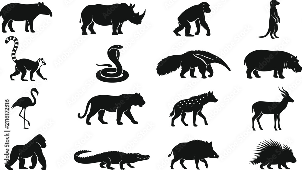 Obraz premium Flat Color Wild Zoo Animal Silhouette Collection With Safari Mammals And Forest Predators For Graphic Design Projects