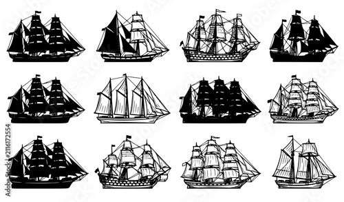 Foto Vintage sailing ship collection with tall ship galleon schooner and clipper blac