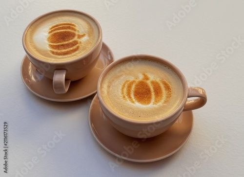 Pair of coffee cups with pumpkin foam art on plain light background, top view