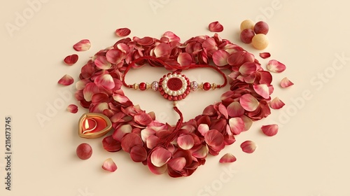 Raksha bandhan themed heartshaped rakhi with rose petals and candle raksha bandhan, raksha bandhan image