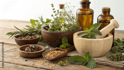 Natural Herbal Remedies with Botanical Ingredients on Table