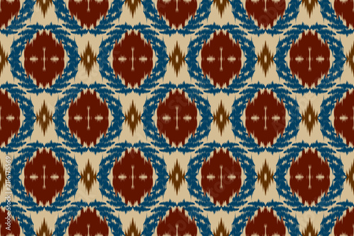 Seamless Ikat Fabric Pattern in Blue and Maroon, Abstract Geometric Ethnic Tribal Background Vector, Distressed Textured Boho Ornament for Fashion Apparel, Home Decor Wallpaper Print, Textile 
