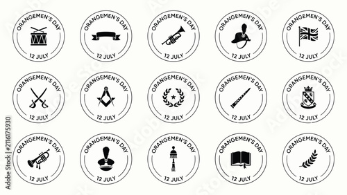 Foto Black and white historical celebration badges for july 12th event symbols collec