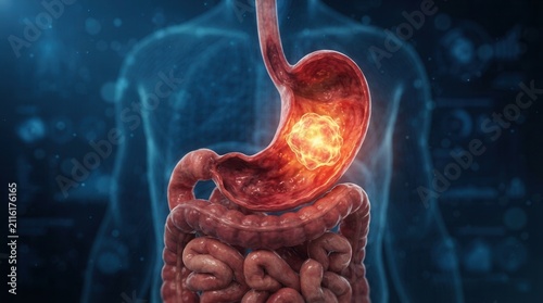 Medical illustration of the human digestive tract showing stomach cancer and malignant growth