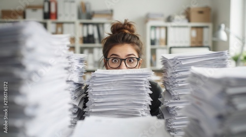 Surprised young woman with glasses peeking over huge piles of paper on a desk in a chaotic office environment.
