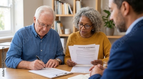 Elderly couple reviews financial documents with consultant, with man signing paper and woman reading contract.