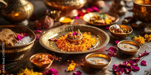 Raksha bandhan themed traditional indian puja thali with offerings and marigold flowers raksha bandhan, raksha bandhan image