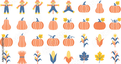 Foto Minimalist Autumn Harvest Flat Icon Set Featuring Cute Scarecrows Various Orange