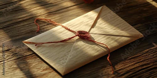 Raksha bandhan themed a vintage envelope tied with twine on a rustic wooden table at sunset raksha bandhan, raksha bandhan image