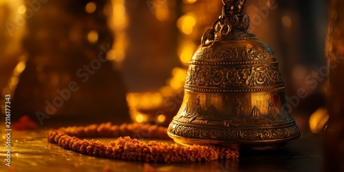Raksha bandhan themed traditional ornate brass temple bell decorated with a floral garland raksha bandhan, raksha bandhan image