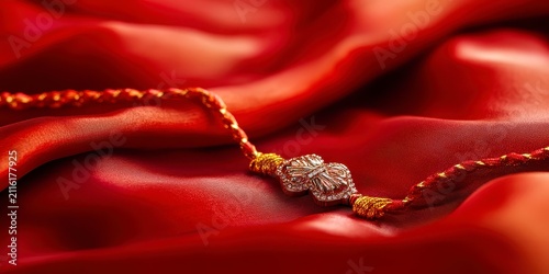 Raksha bandhan themed closeup of a traditional indian rakhi bracelet on a red satin background raksha bandhan, raksha bandhan image
